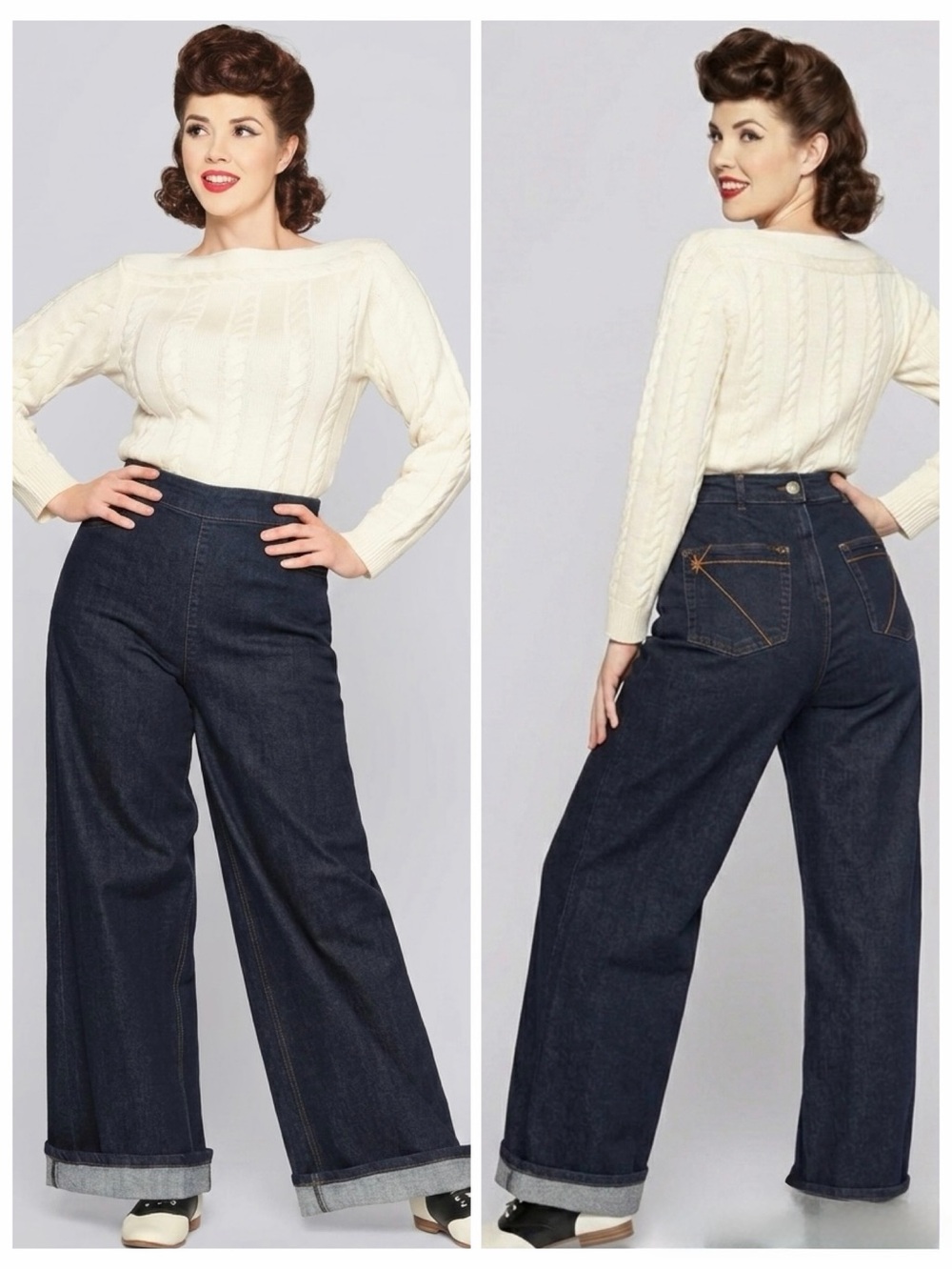 Collectif High Waisted Wide Leg Jeans Dark Indigo Starburst 1940s Workwear US 12